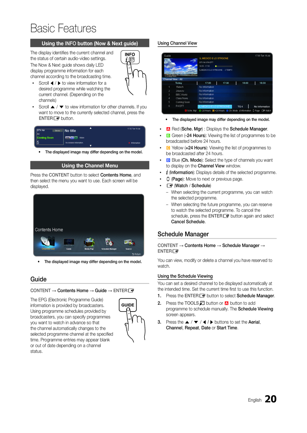 Samsung LT24B301EWY/EN manual Guide, Schedule Manager, Using the Info button Now & Next guide, Using the Channel Menu 