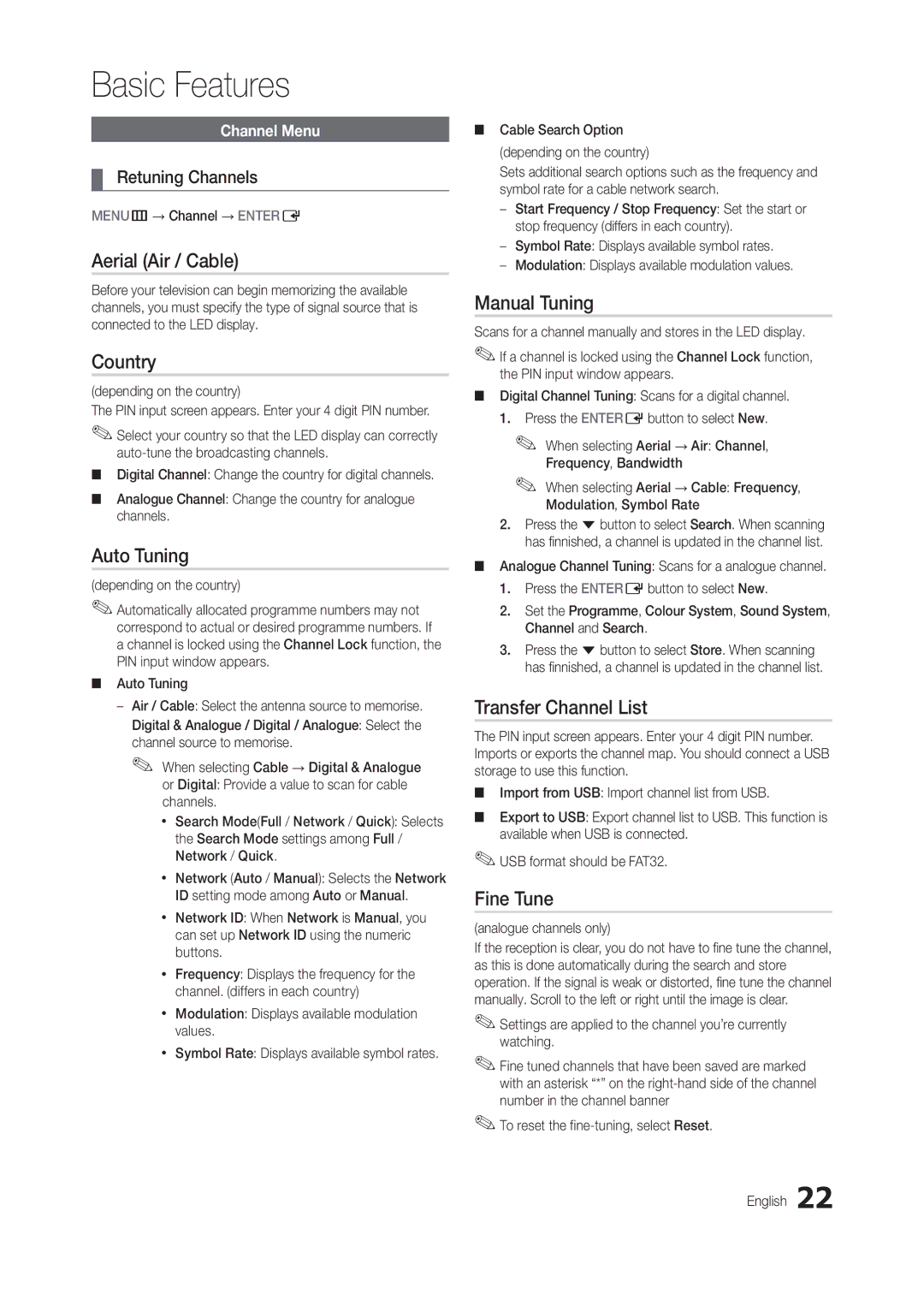 Samsung LT24B301MW/ZR manual Aerial Air / Cable, Country, Auto Tuning, Manual Tuning, Transfer Channel List, Fine Tune 