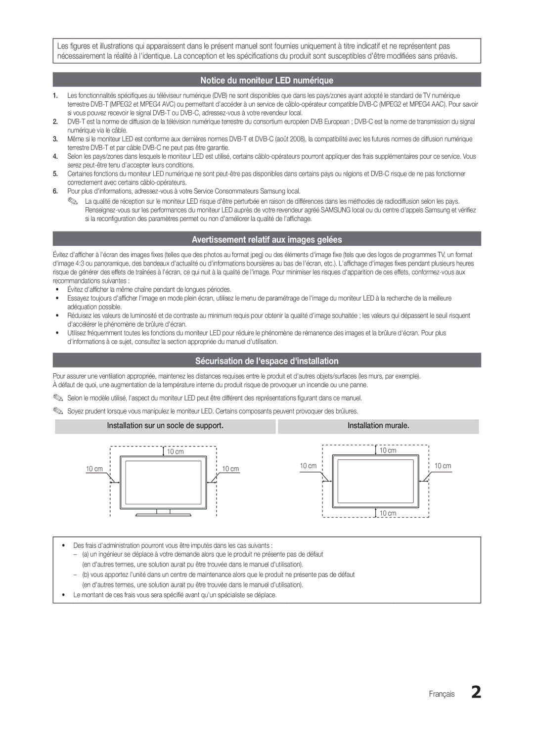 Samsung LT24B301EWY/EN Avertissement relatif aux images gelées, Sécurisation de lespace dinstallation, Installation murale 
