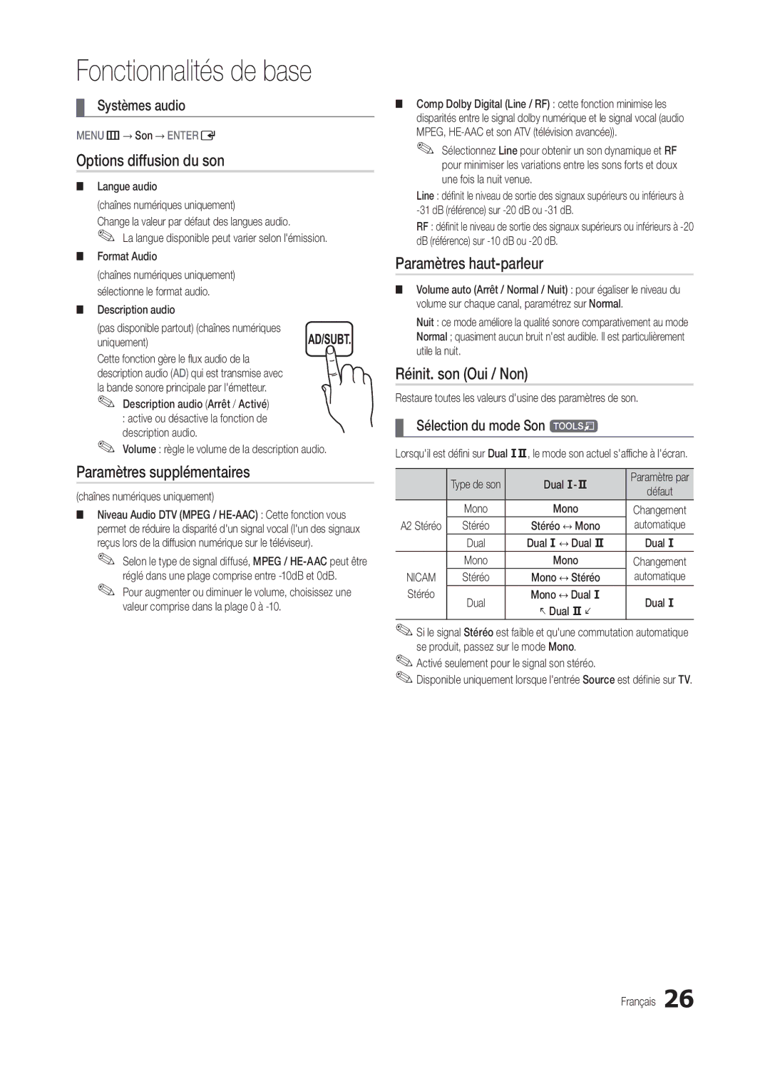 Samsung LT24B301EWY/EN, LT24B301EW/EN manual Options diffusion du son, Paramètres supplémentaires, Paramètres haut-parleur 