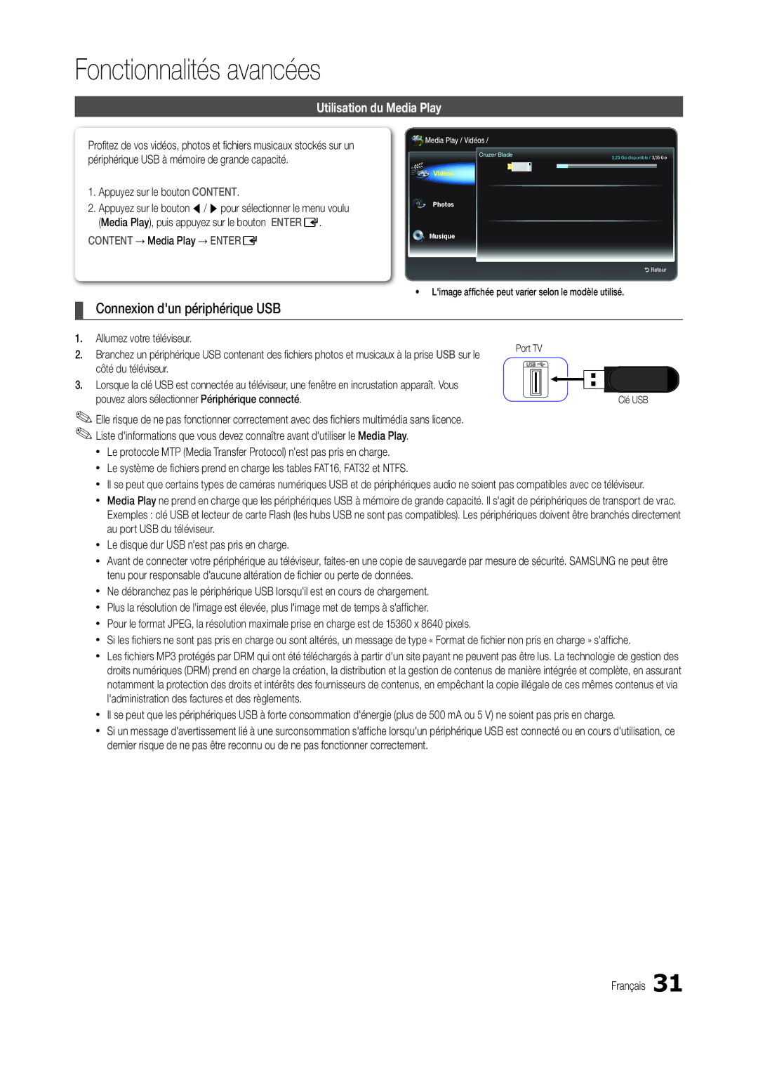 Samsung LT24B301EW/EN, LT24B301EWY/EN manual Connexion dun périphérique USB, Utilisation du Media Play 