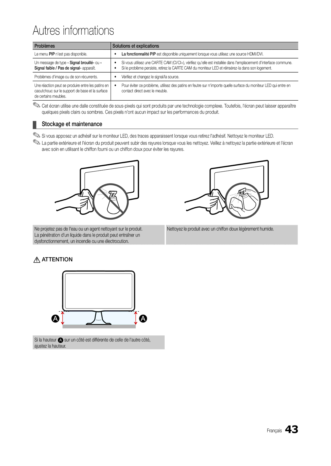 Samsung LT24B301EW/EN Stockage et maintenance, Le menu PIP nest pas disponible, Signal faible / Pas de signal» apparaît 