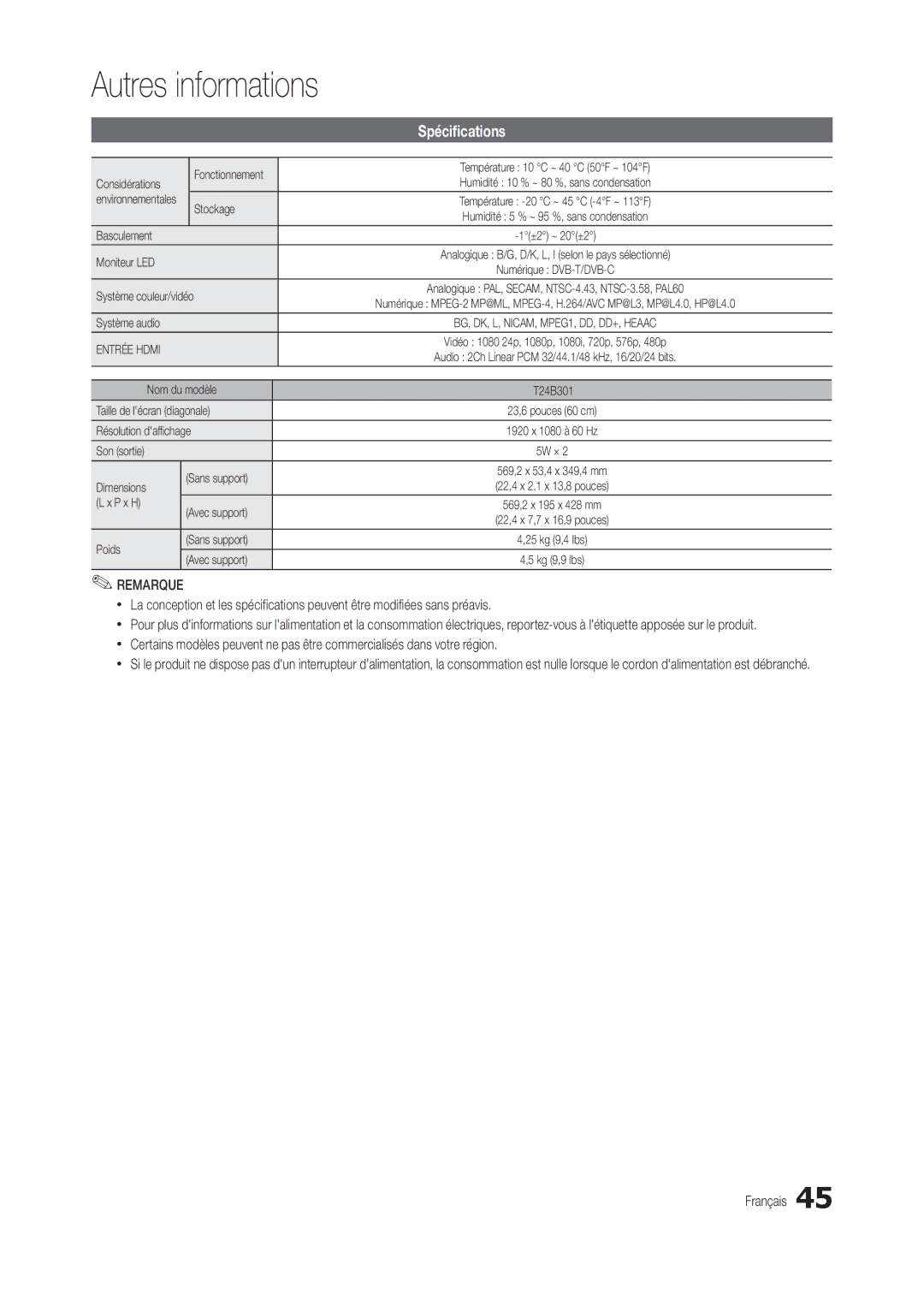 Samsung LT24B301EW/EN, LT24B301EWY/EN manual Spécifications 