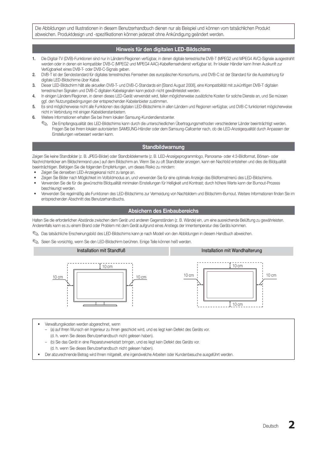 Samsung LT24B301EWY/EN manual Hinweis für den digitalen LED-Bildschirm, Standbildwarnung, Absichern des Einbaubereichs 