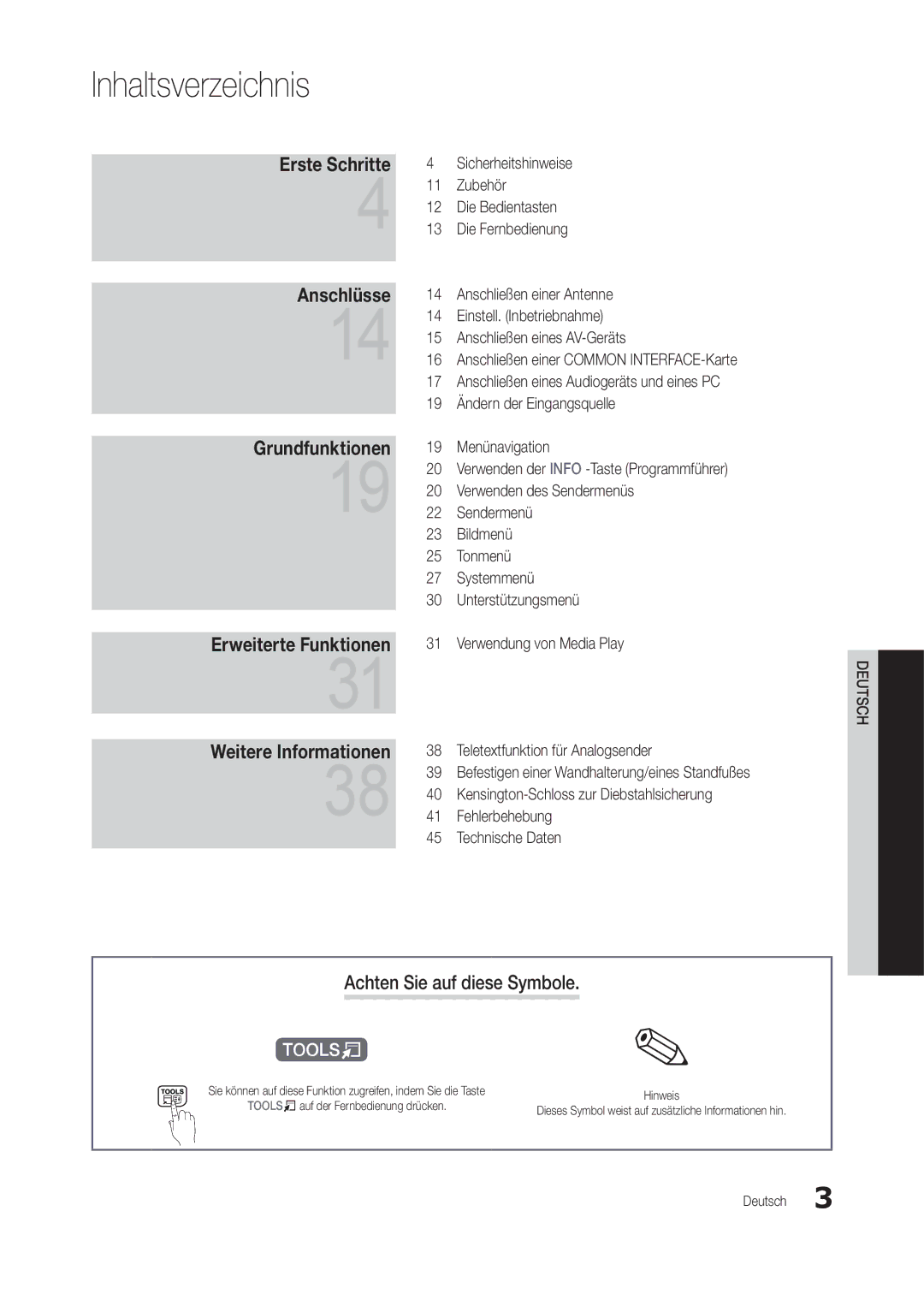 Samsung LT24B301EW/EN, LT24B301EWY/EN manual Inhaltsverzeichnis, Achten Sie auf diese Symbole 