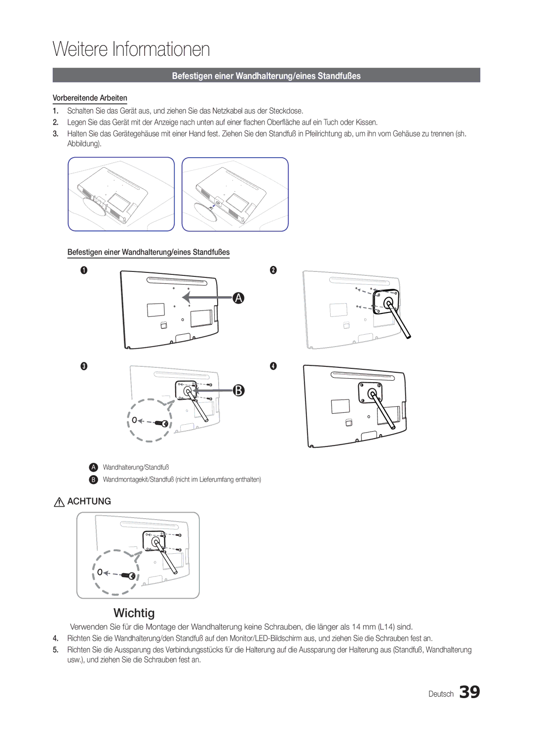 Samsung LT24B301EW/EN, LT24B301EWY/EN manual Wichtig, Befestigen einer Wandhalterung/eines Standfußes 