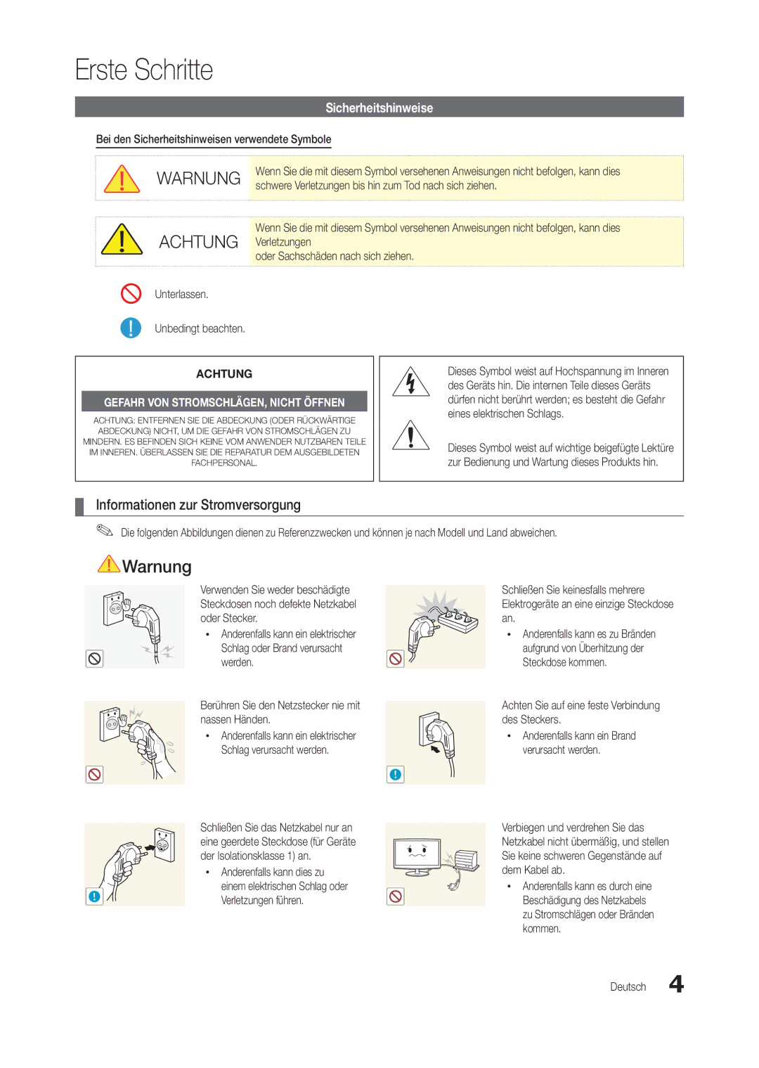 Samsung LT24B301EWY/EN, LT24B301EW/EN manual Erste Schritte, Informationen zur Stromversorgung, Sicherheitshinweise 