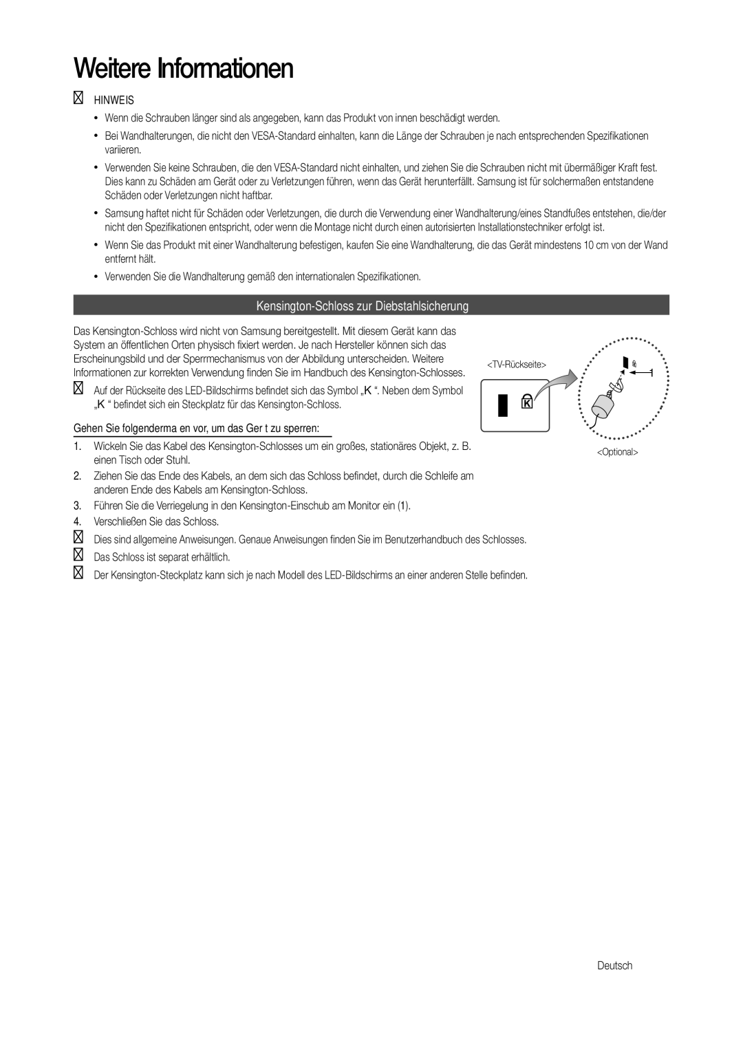 Samsung LT24B301EWY/EN, LT24B301EW/EN manual Kensington-Schloss zur Diebstahlsicherung, Optional 