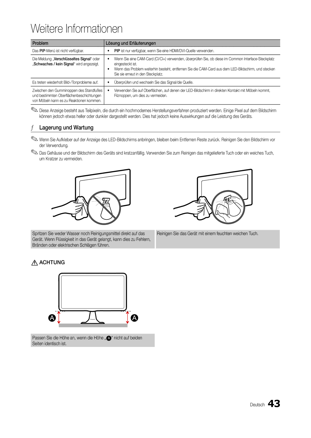 Samsung LT24B301EW/EN, LT24B301EWY/EN manual Lagerung und Wartung, Eingesteckt ist, Sie sie erneut in den Steckplatz 