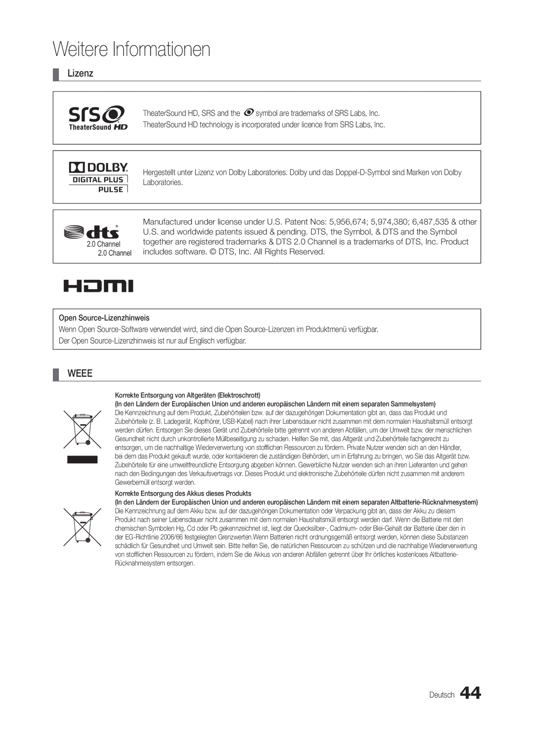 Samsung LT24B301EWY/EN, LT24B301EW/EN manual Lizenz, Korrekte Entsorgung von Altgeräten Elektroschrott 