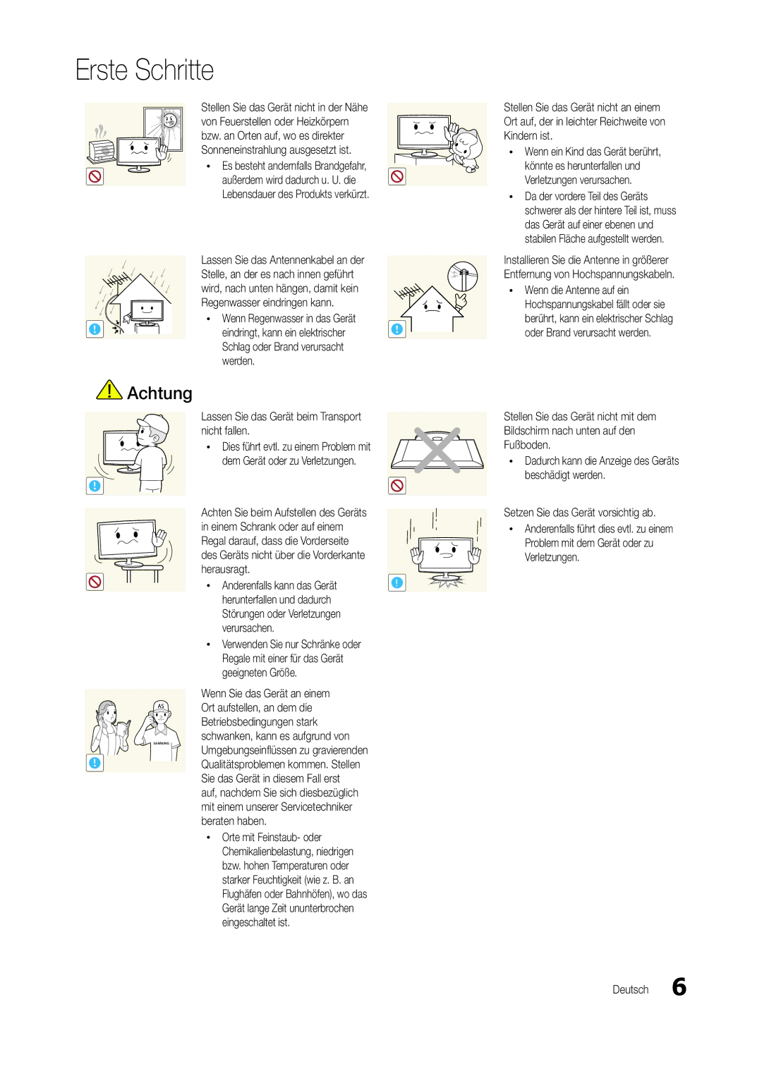 Samsung LT24B301EWY/EN manual Regenwasser eindringen kann, Werden, Nicht fallen, Herausragt, Herunterfallen und dadurch 