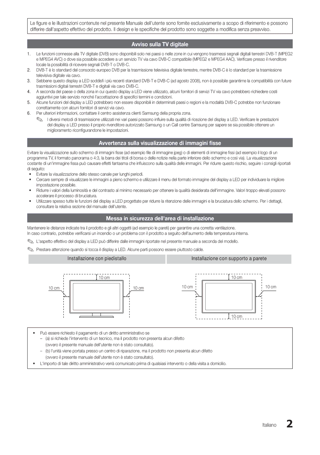 Samsung LT24B301EWY/EN manual Avviso sulla TV digitale, Avvertenza sulla visualizzazione di immagini fisse, Italiano, 10 cm 