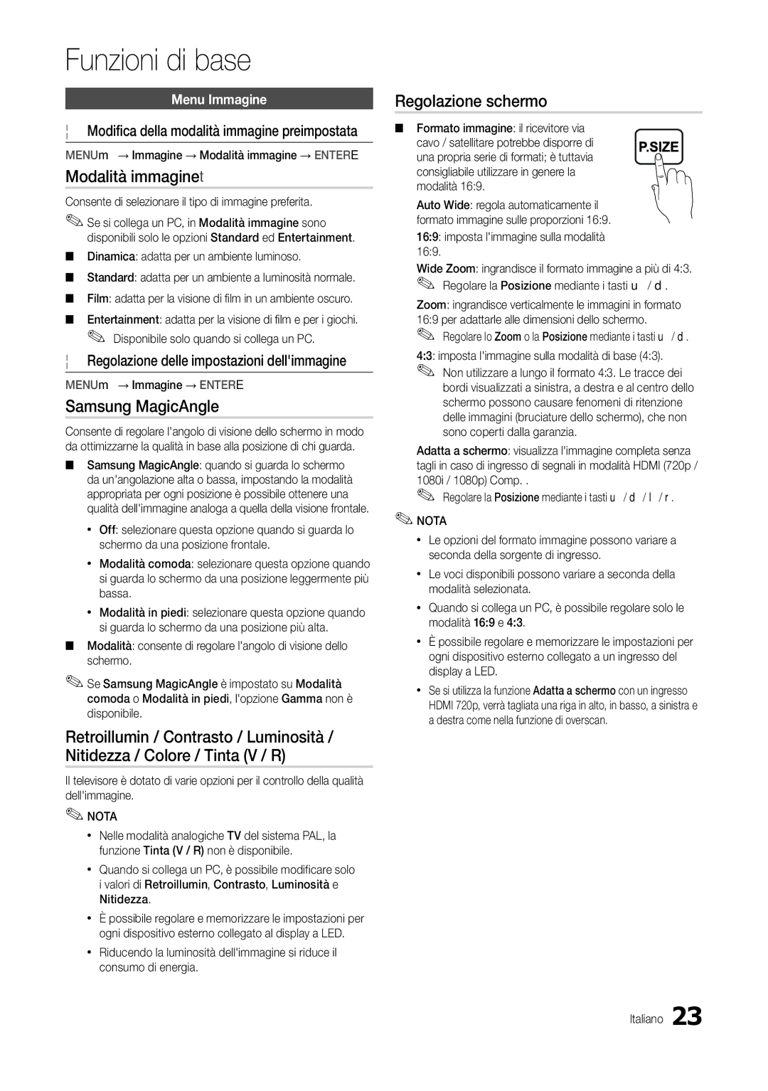 Samsung LT24B301EW/EN, LT24B301EWY/EN manual Modalità immaginet, Samsung MagicAngle, Regolazione schermo 