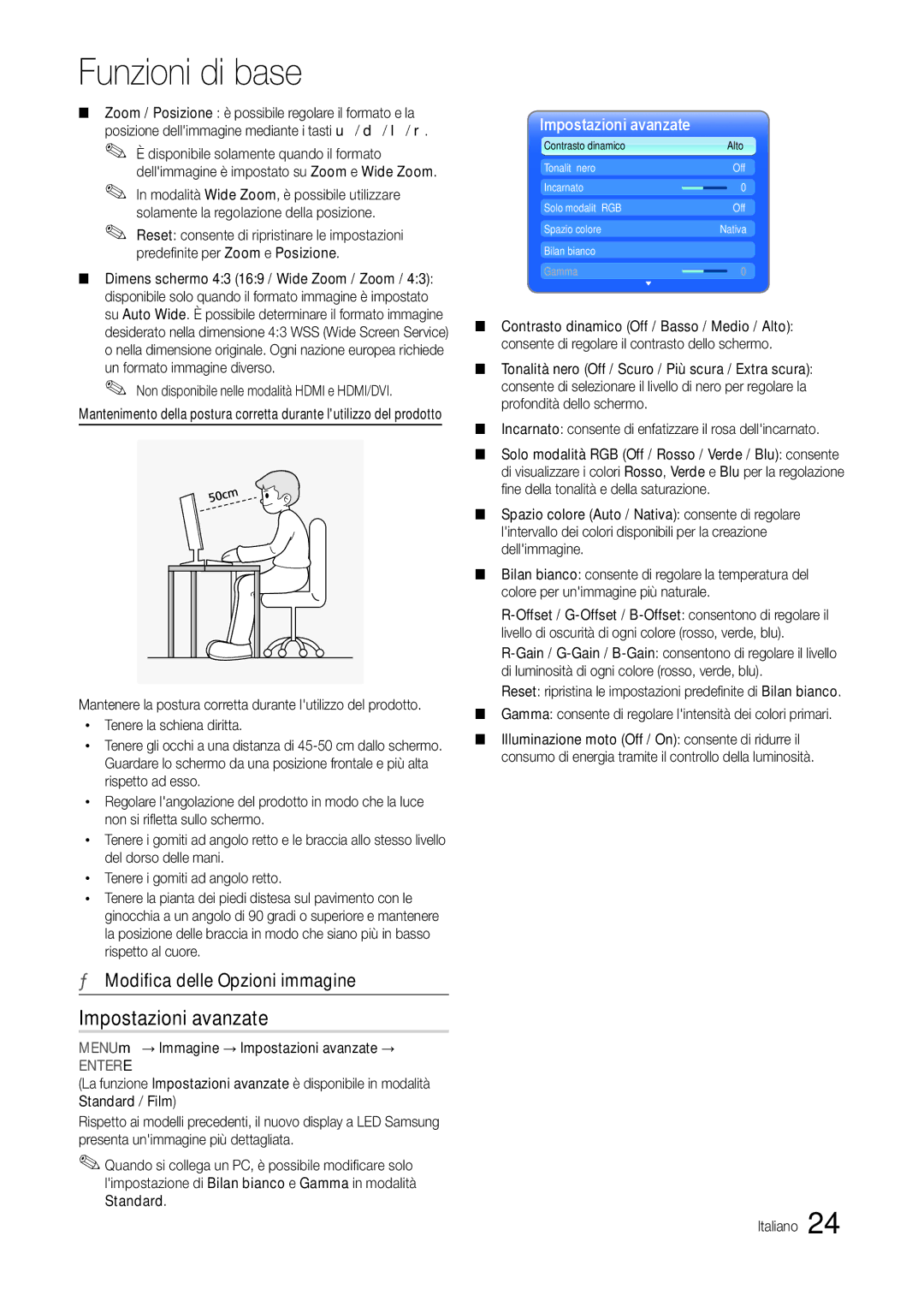 Samsung LT24B301EWY/EN, LT24B301EW/EN manual Modifica delle Opzioni immagine, MENUm→ Immagine → Impostazioni avanzate → 