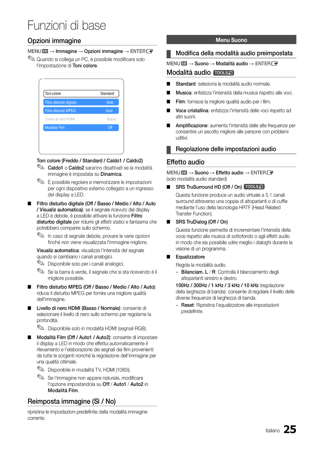 Samsung LT24B301EW/EN, LT24B301EWY/EN manual Opzioni immagine, Reimposta immagine Sì / No, Modalità audio t, Effetto audio 