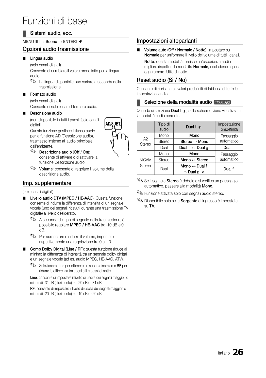 Samsung LT24B301EWY/EN Opzioni audio trasmissione, Imp. supplementare, Impostazioni altoparlanti, Reset audio Sì / No 