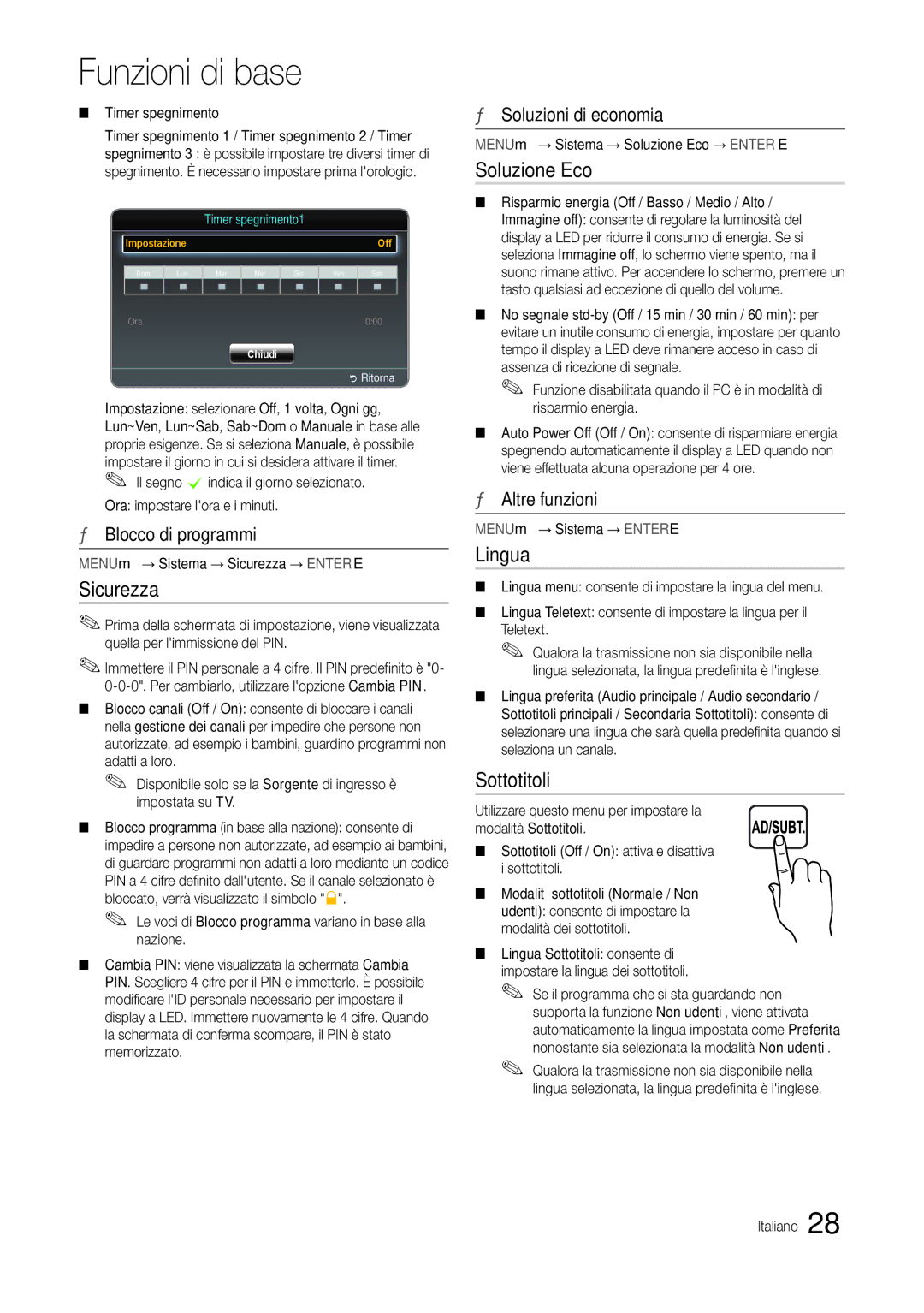 Samsung LT24B301EWY/EN, LT24B301EW/EN manual Sicurezza, Soluzione Eco, Lingua, Sottotitoli 