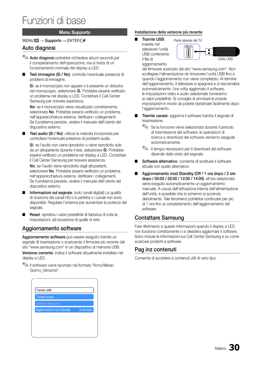 Samsung LT24B301EWY/EN, LT24B301EW/EN manual Auto diagnosi, Aggiornamento software, Contattare Samsung, Pag inz contenuti 