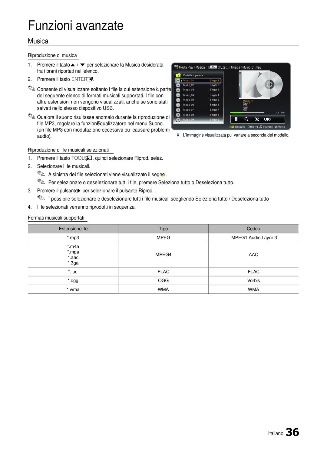 Samsung LT24B301EWY/EN, LT24B301EW/EN Musica, Riproduzione di file musicali selezionati, Estensione file Tipo Codec Mp3 