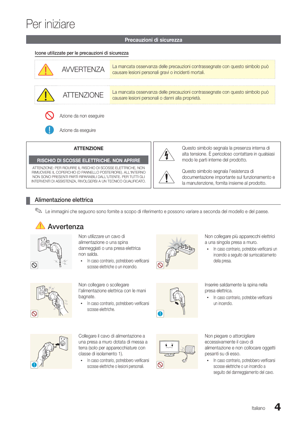 Samsung LT24B301EWY/EN, LT24B301EW/EN manual Per iniziare, Alimentazione elettrica, Precauzioni di sicurezza 