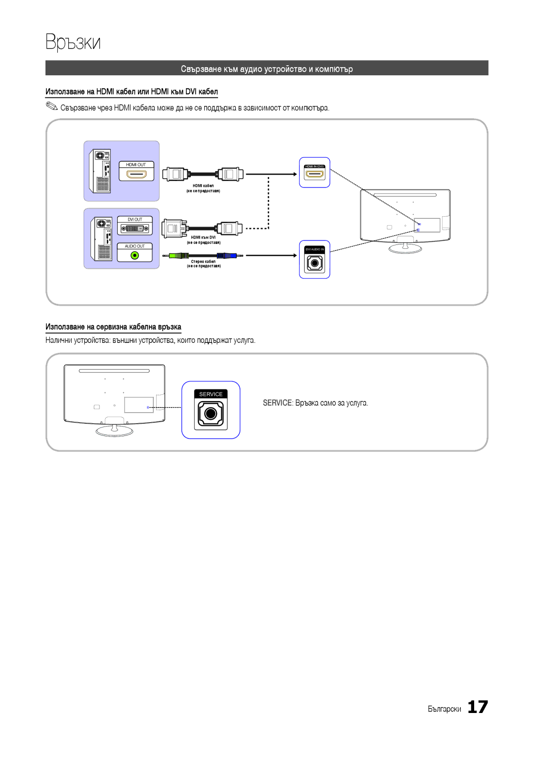 Samsung LT24B301EW/EN, LT24B301EWY/EN Свързване към аудио устройство и компютър, Service Връзка само за услуга Български 