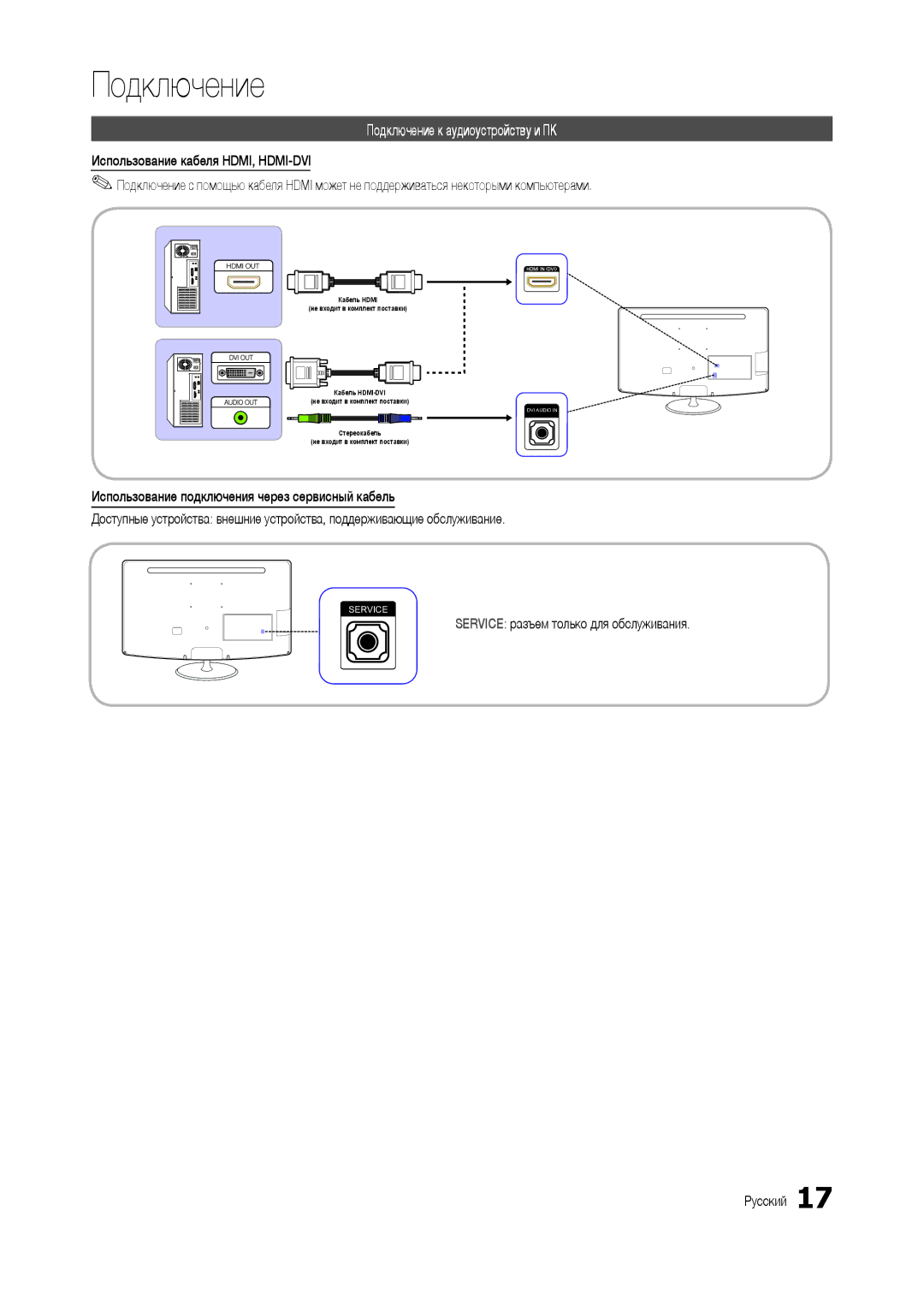 Samsung LT24B301EW/EN, LT24B301EWY/EN Подключение к аудиоустройству и ПК, Service разъем только для обслуживания Русский 