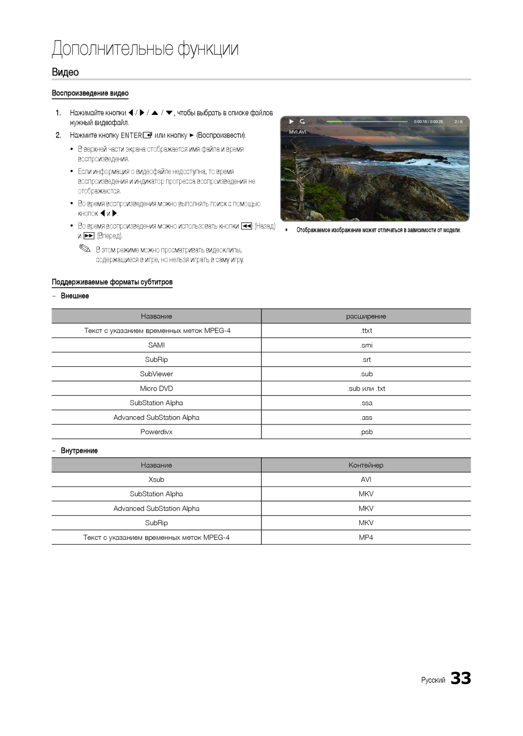 Samsung LT24B301EW/EN, LT24B301EWY/EN manual Видео, Поддерживаемые форматы субтитров Внешнее, Внутренние 