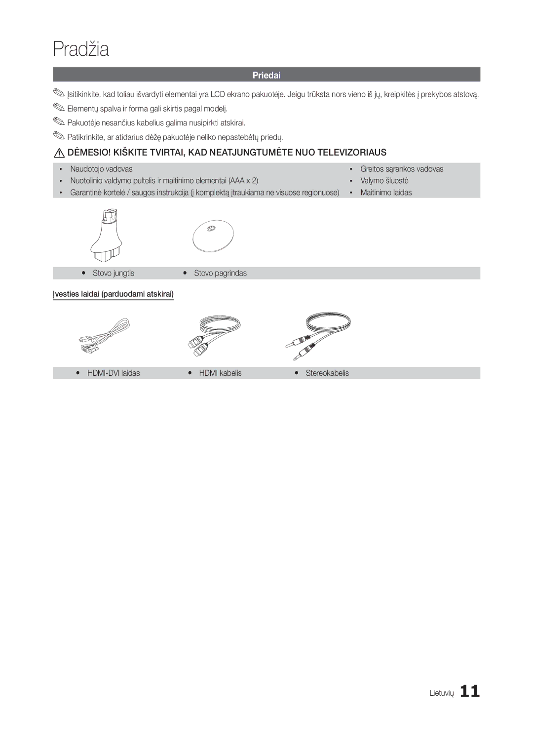 Samsung LT24B301EW/EN, LT24B301EWY/EN manual Priedai, Naudotojo vadovas, Maitinimo laidas, Yy Stovo jungtis 