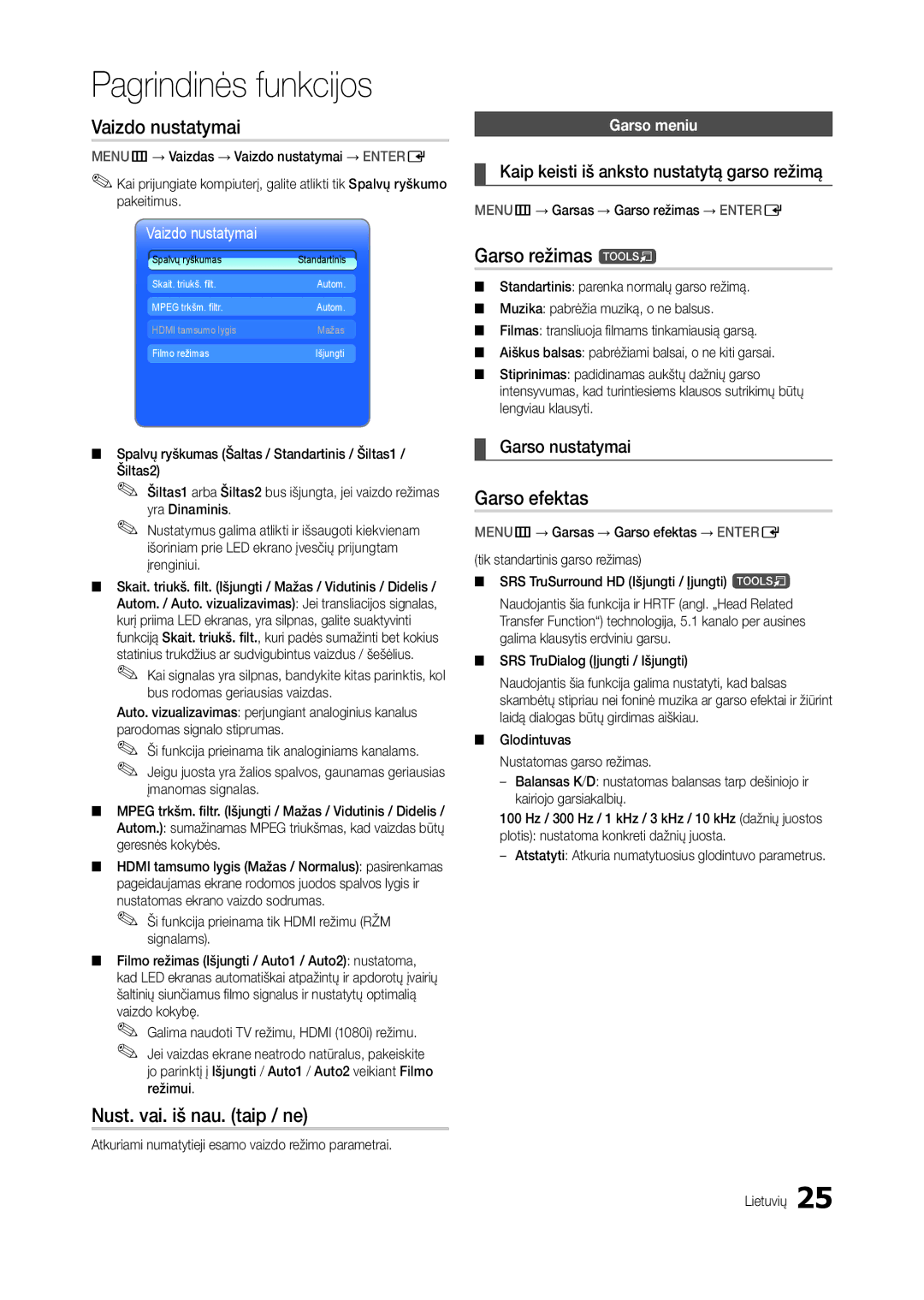 Samsung LT24B301EW/EN, LT24B301EWY/EN manual Vaizdo nustatymai, Garso režimas t, Garso efektas, Nust. vai. iš nau. taip / ne 