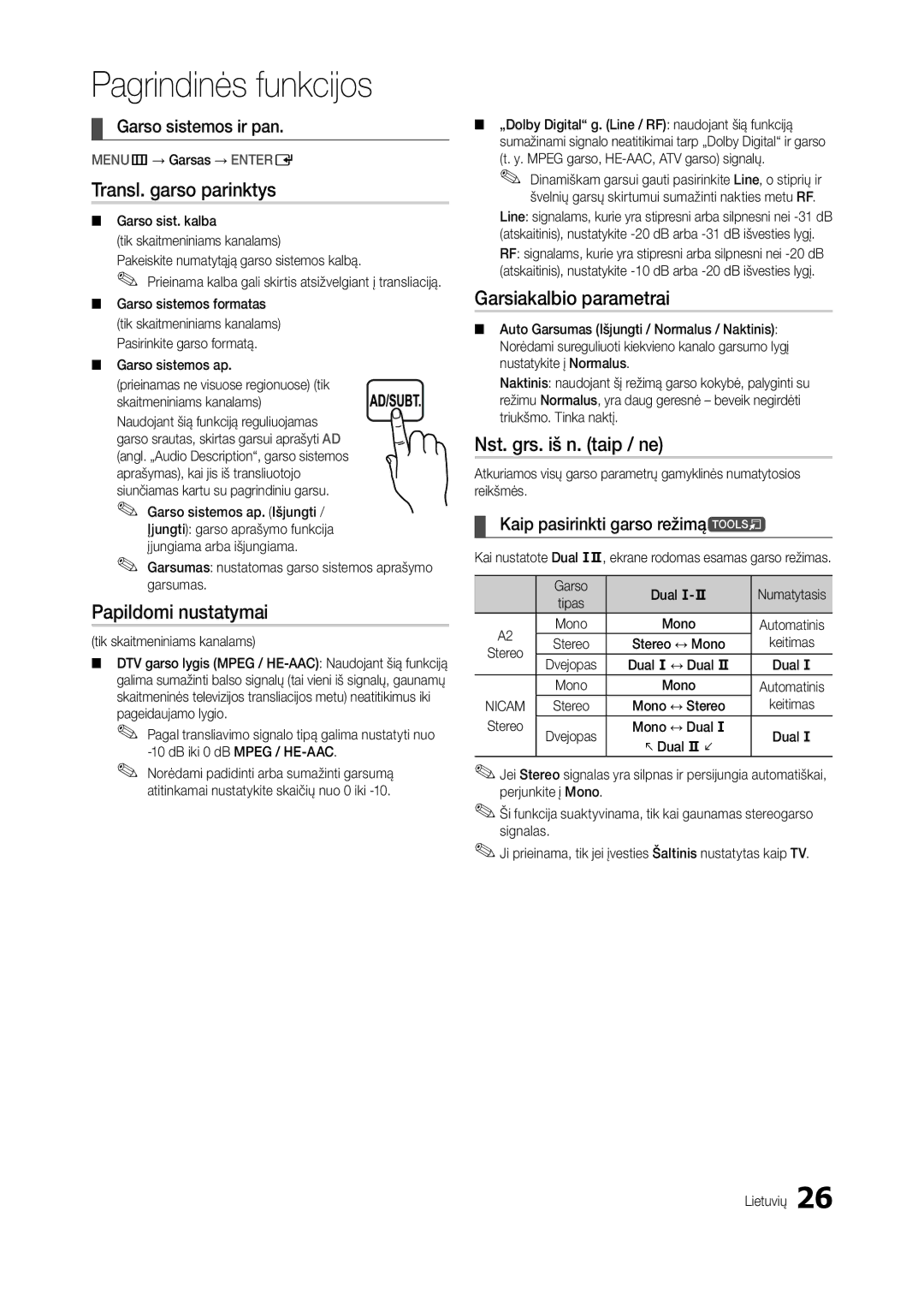 Samsung LT24B301EWY/EN Transl. garso parinktys, Papildomi nustatymai, Garsiakalbio parametrai, Nst. grs. iš n. taip / ne 