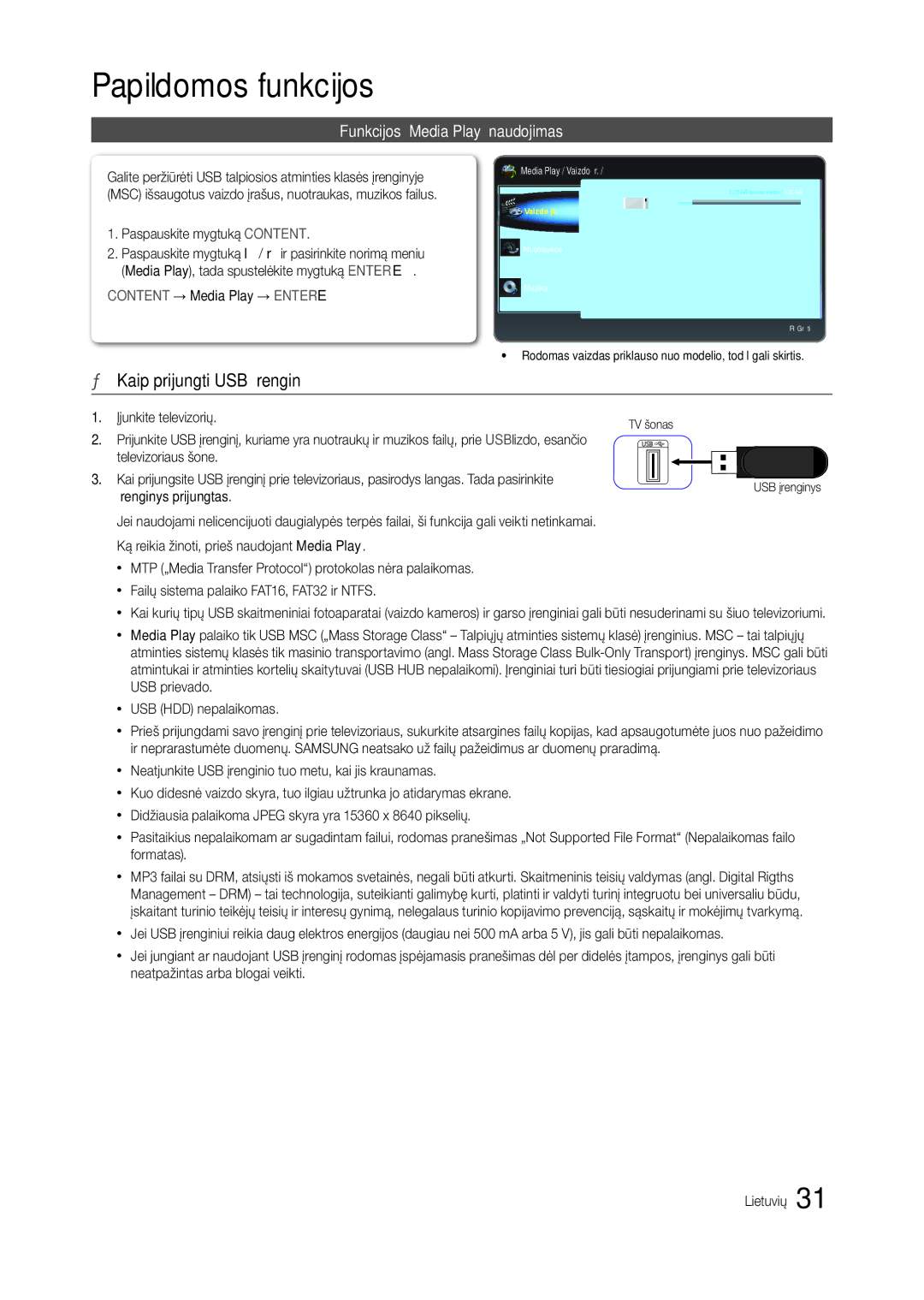 Samsung LT24B301EW/EN, LT24B301EWY/EN Papildomos funkcijos, Kaip prijungti USB įrenginį, Funkcijos „Media Play naudojimas 