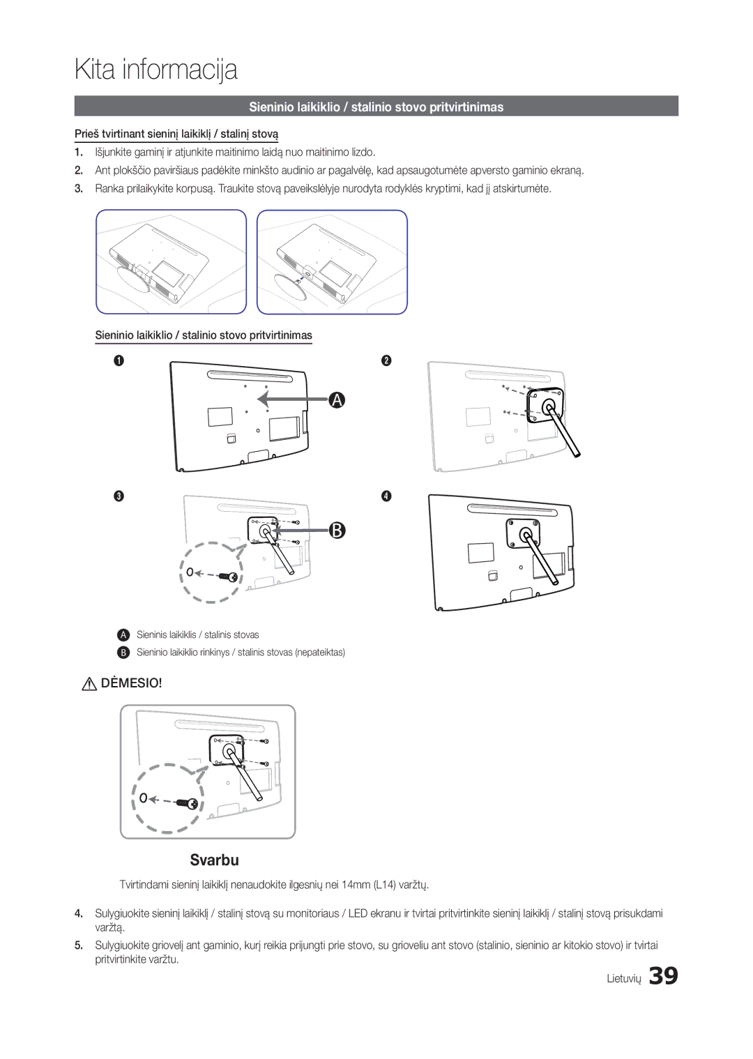 Samsung LT24B301EW/EN, LT24B301EWY/EN manual Svarbu, Sieninio laikiklio / stalinio stovo pritvirtinimas 
