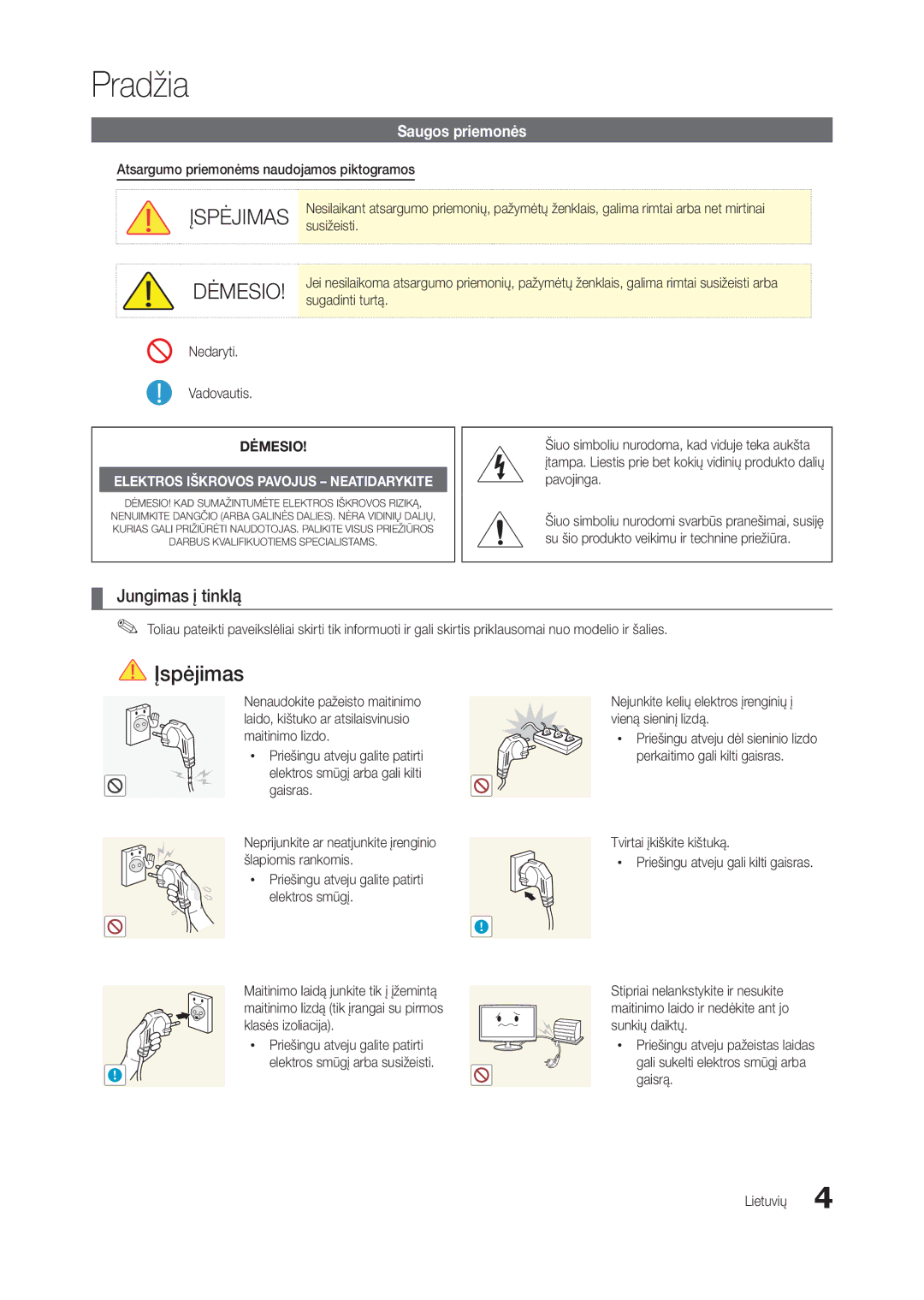 Samsung LT24B301EWY/EN, LT24B301EW/EN manual Pradžia, Jungimas į tinklą, Saugos priemonės 