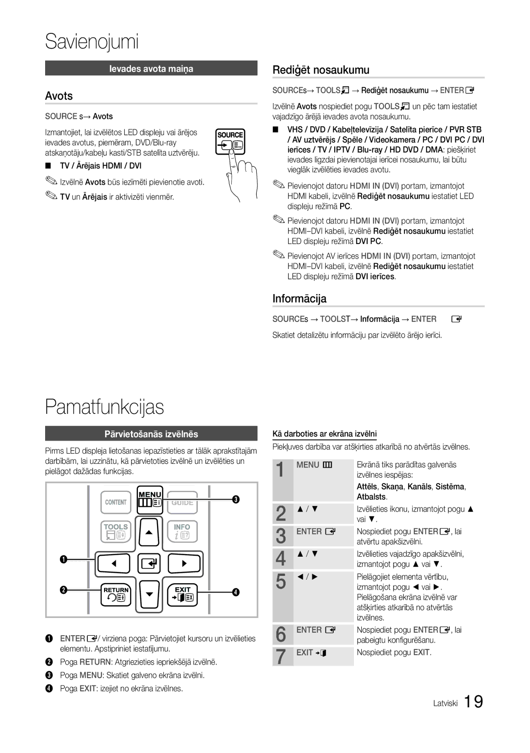 Samsung LT24B301EW/EN, LT24B301EWY/EN manual Pamatfunkcijas, Avots, Rediģēt nosaukumu, Informācija 