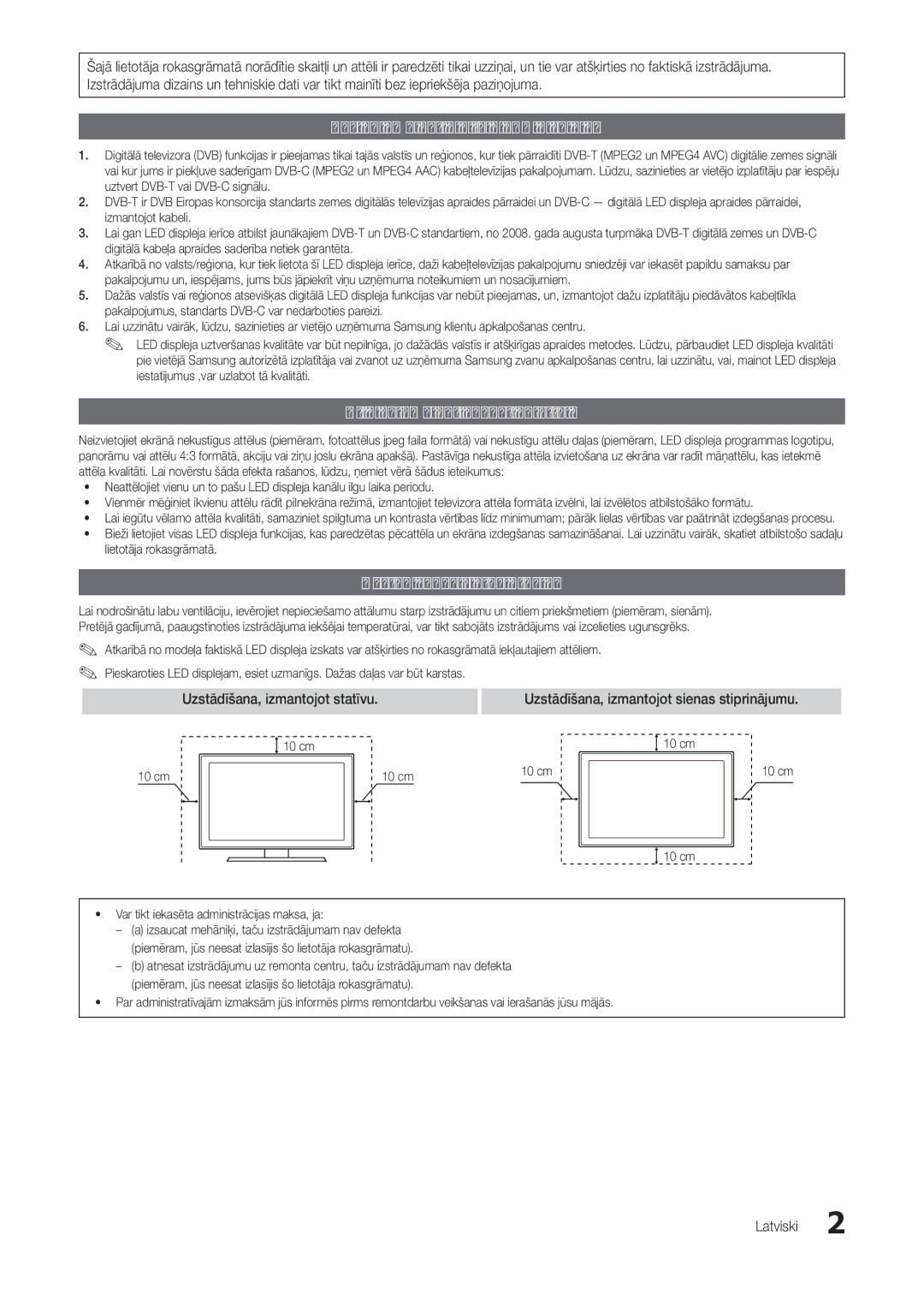 Samsung LT24B301EWY/EN Paziņojums par digitālo LED displeju, Brīdinājums par nekustīgu attēlu, Uzstādīšanas vietas drošība 