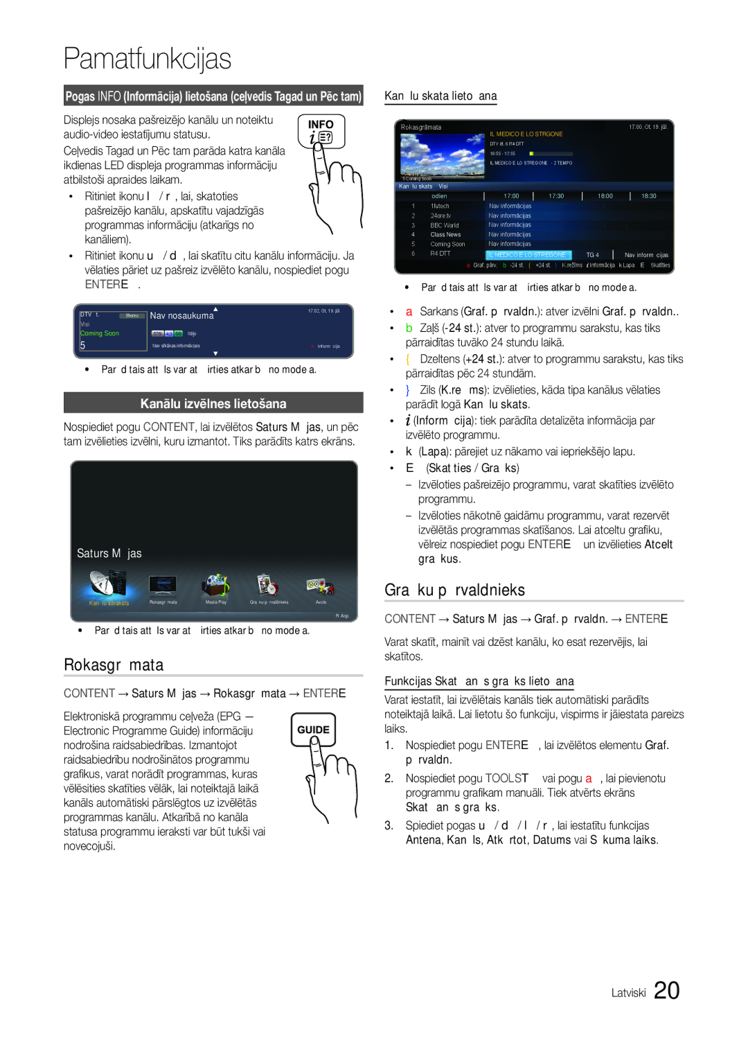 Samsung LT24B301EWY/EN manual Rokasgrāmata, Grafiku pārvaldnieks, Kanālu izvēlnes lietošana, Kanālu skata lietošana 