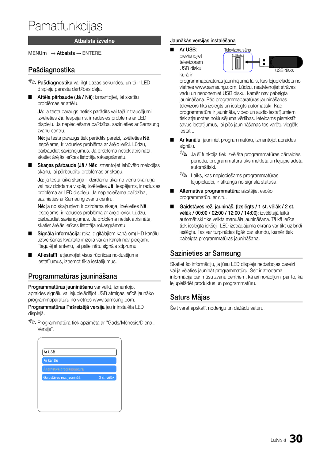 Samsung LT24B301EWY/EN, LT24B301EW/EN Pašdiagnostika, Programmatūras jaunināšana, Sazinieties ar Samsung, Saturs Mājas 