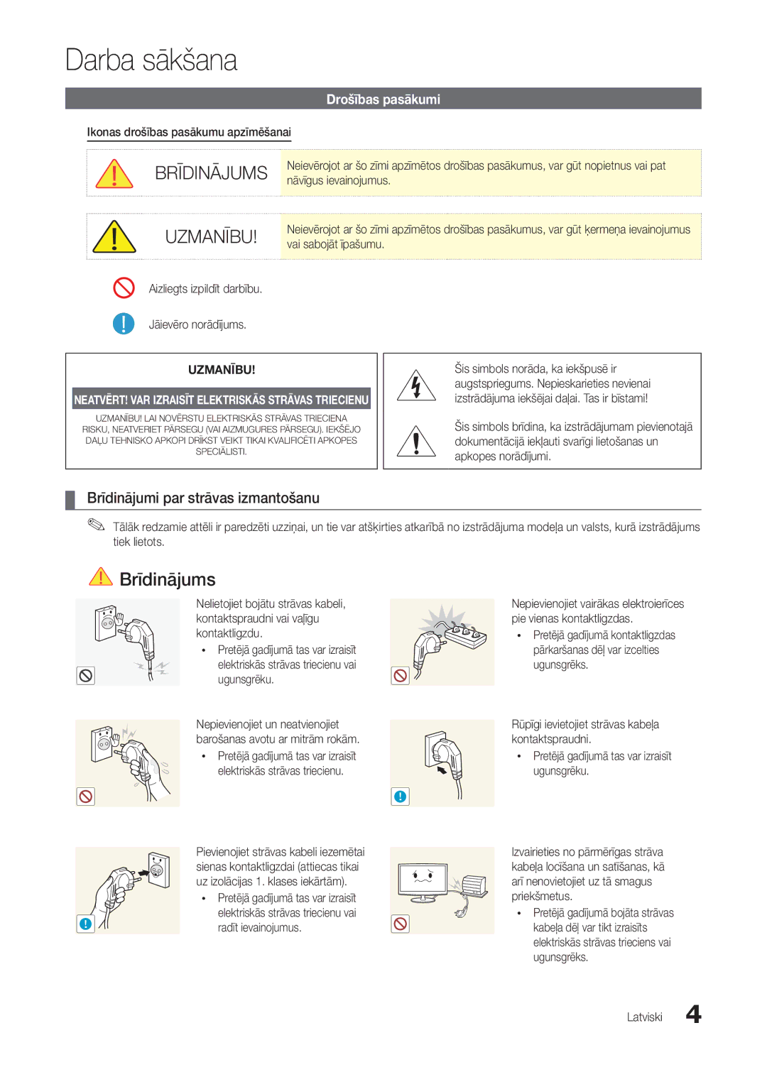 Samsung LT24B301EWY/EN, LT24B301EW/EN manual Darba sākšana, Brīdinājumi par strāvas izmantošanu, Drošības pasākumi 