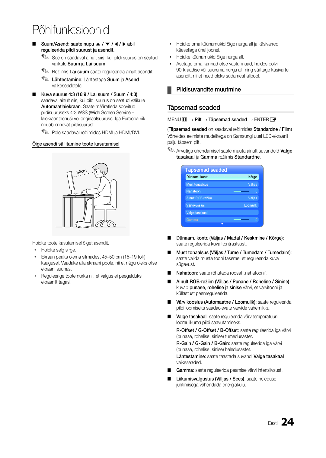 Samsung LT24B301EWY/EN Täpsemad seaded, Pildisuvandite muutmine, Lähtestamine Lähtestage Suum ja Asend vaikeseadetele 