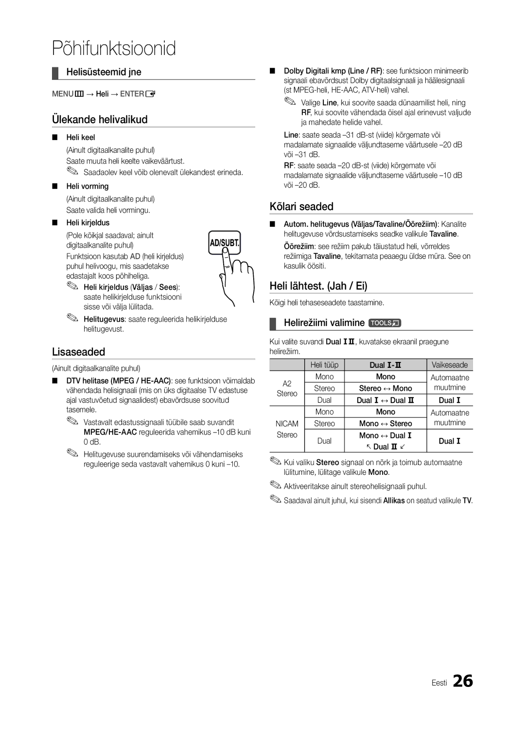 Samsung LT24B301EWY/EN, LT24B301EW/EN manual Ülekande helivalikud, Lisaseaded, Kõlari seaded, Heli lähtest. Jah / Ei 