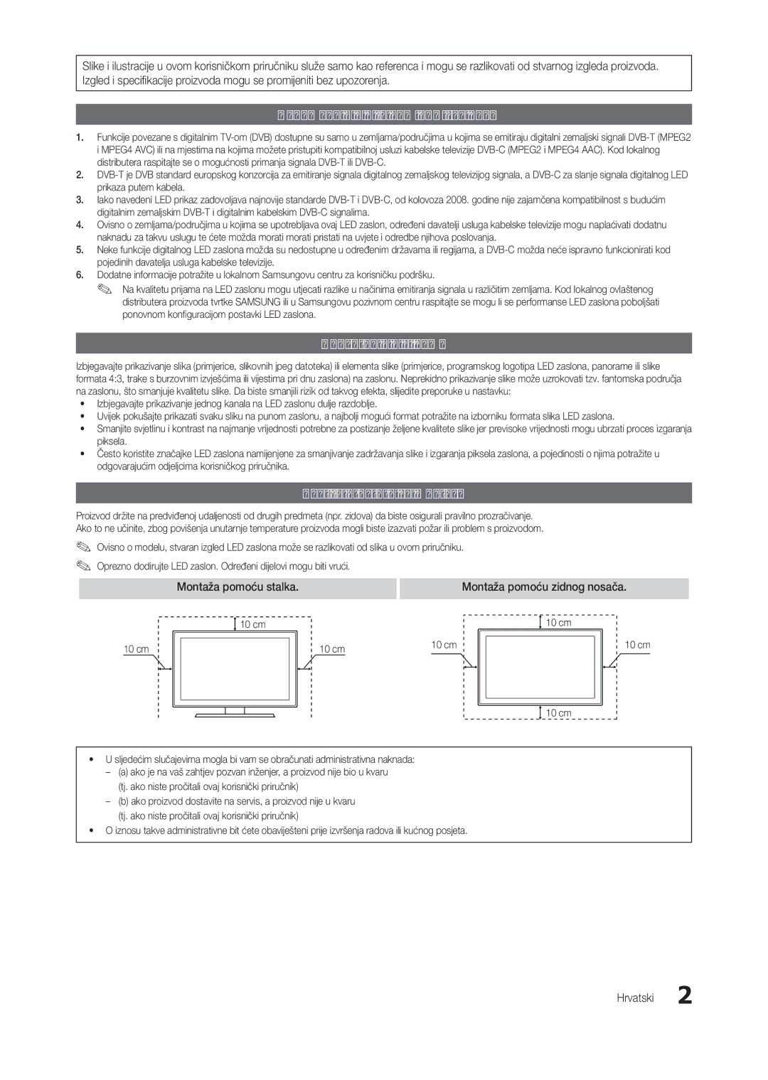 Samsung LT24B301EWY/EN, LT24B301EW/EN Napomena o digitalnom LED zaslonu, Upozorenje o slikama, Zaštita prostora za montažu 