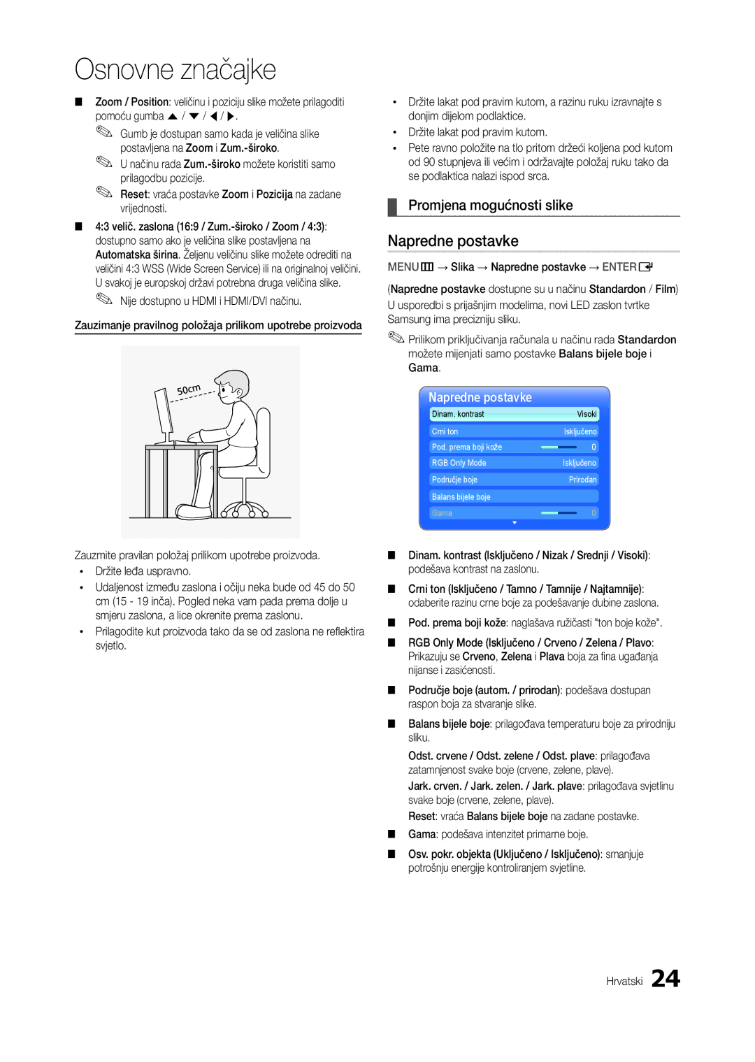 Samsung LT24B301EWY/EN, LT24B301EW/EN manual Napredne postavke, Promjena mogućnosti slike 