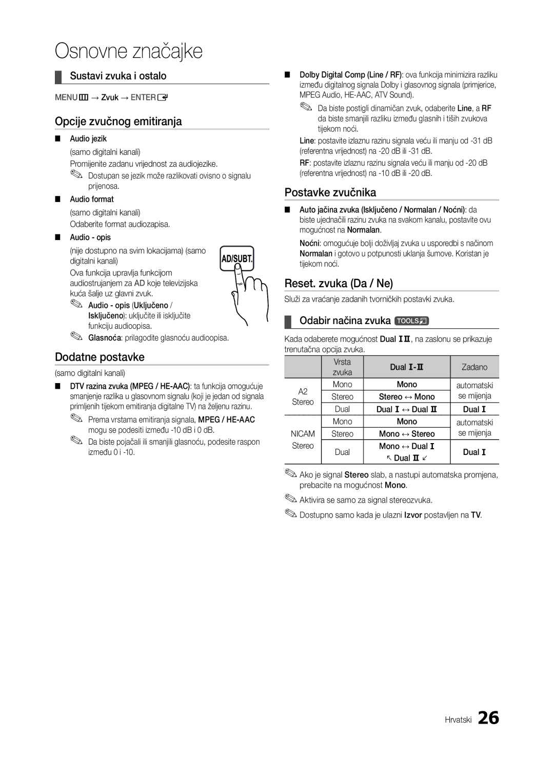 Samsung LT24B301EWY/EN, LT24B301EW/EN Opcije zvučnog emitiranja, Dodatne postavke, Postavke zvučnika, Reset. zvuka Da / Ne 