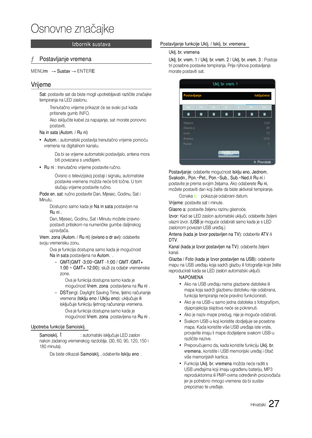 Samsung LT24B301EW/EN, LT24B301EWY/EN manual Vrijeme, Postavljanje vremena, Izbornik sustava, MENUm→ Sustav → Entere 