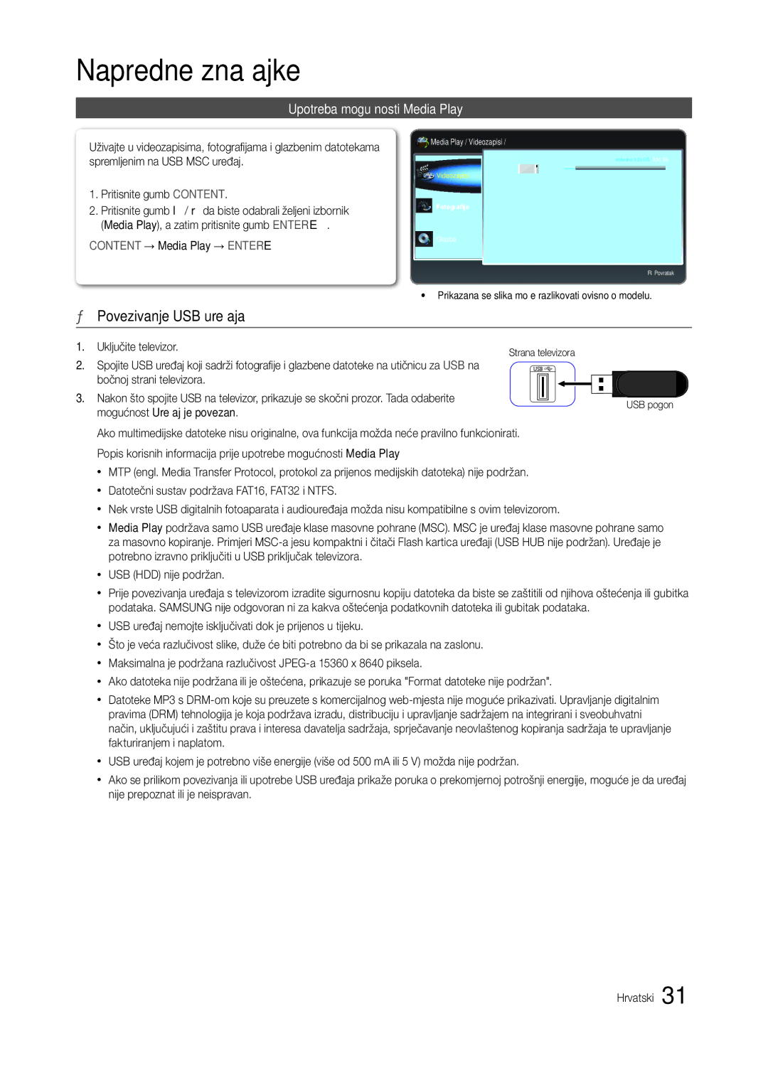 Samsung LT24B301EW/EN, LT24B301EWY/EN manual Napredne značajke, Povezivanje USB uređaja, Upotreba mogućnosti Media Play 