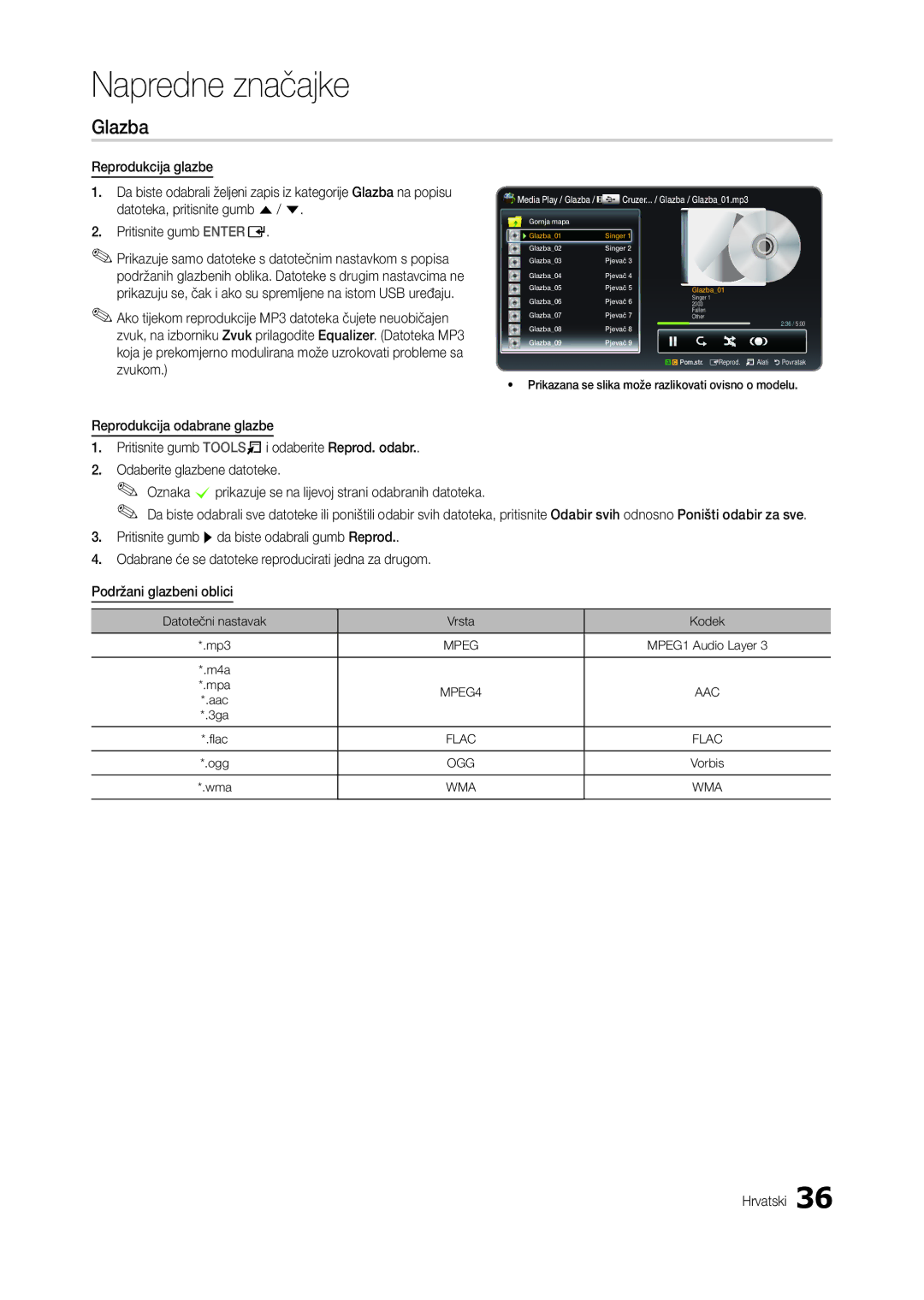 Samsung LT24B301EWY/EN, LT24B301EW/EN manual Glazba, Mpeg, MPEG4, Ogg, AAC Flac 