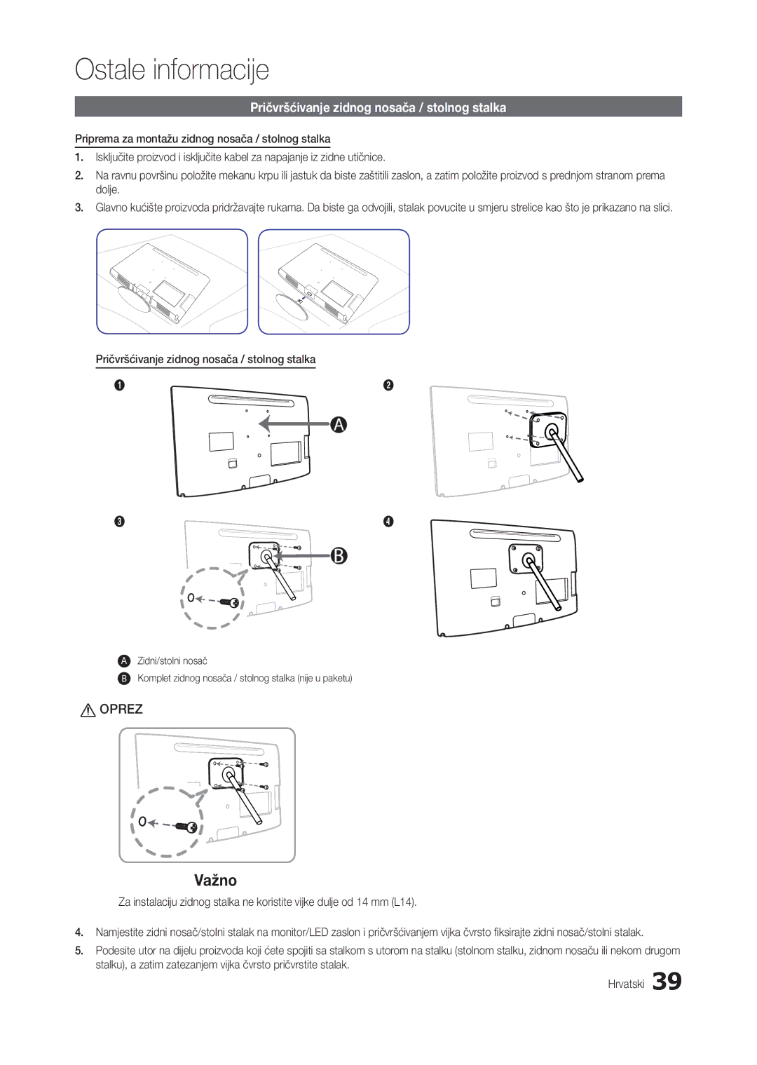 Samsung LT24B301EW/EN, LT24B301EWY/EN manual Pričvršćivanje zidnog nosača / stolnog stalka 