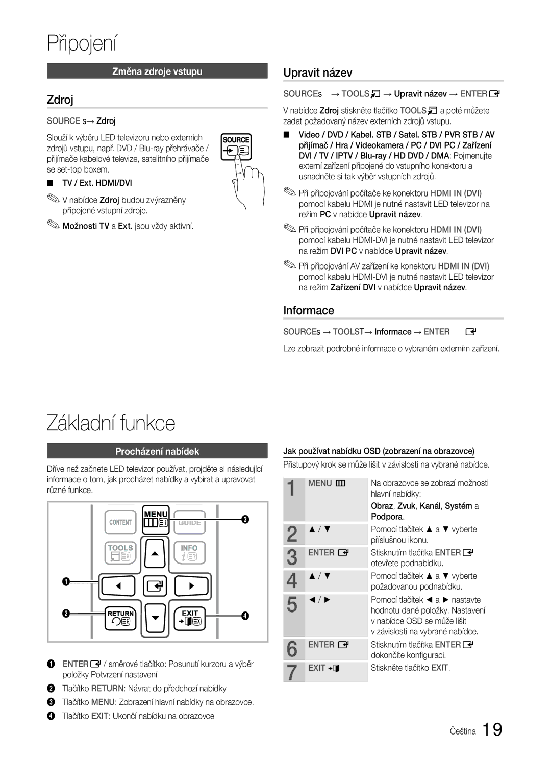 Samsung LT24B301EWY/EN manual Základní funkce, Zdroj, Upravit název, Informace 