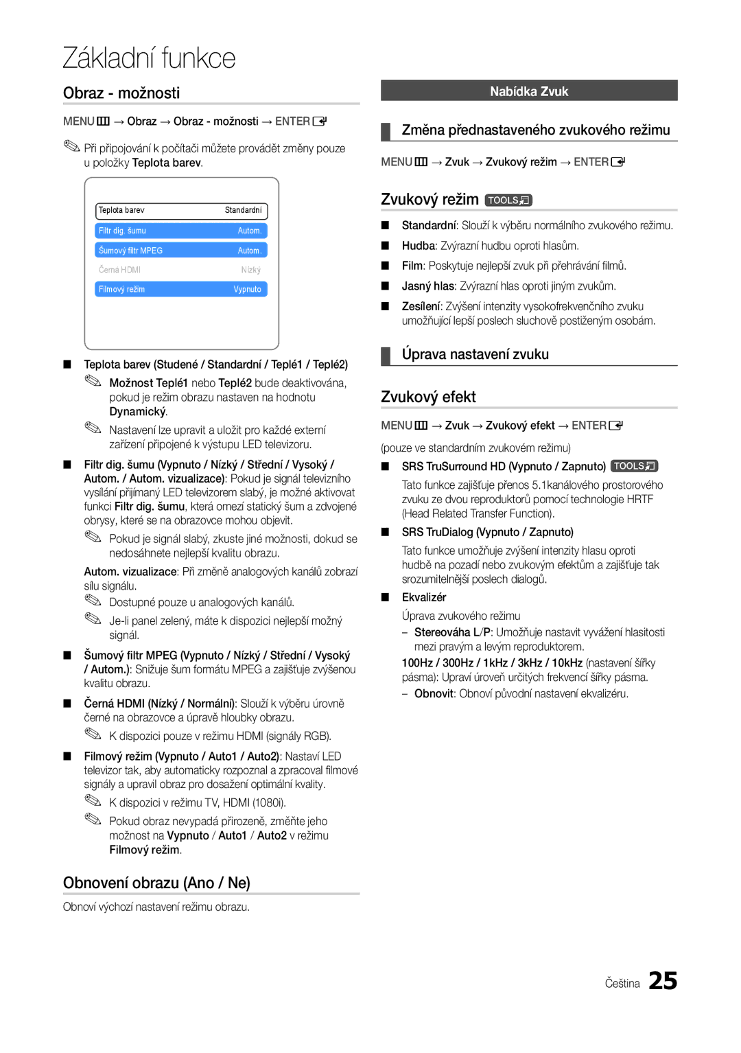 Samsung LT24B301EWY/EN manual Obraz možnosti, Zvukový režim t, Zvukový efekt, Obnovení obrazu Ano / Ne 