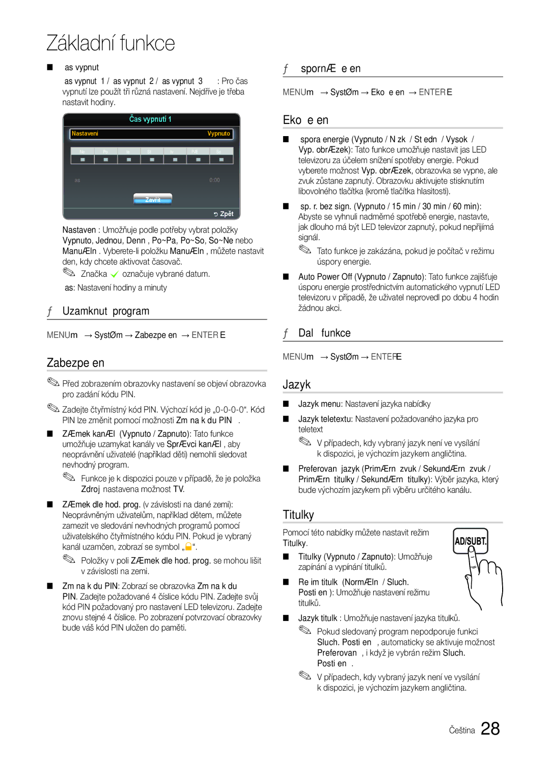 Samsung LT24B301EWY/EN manual Zabezpečení, Eko řešení, Jazyk, Titulky 